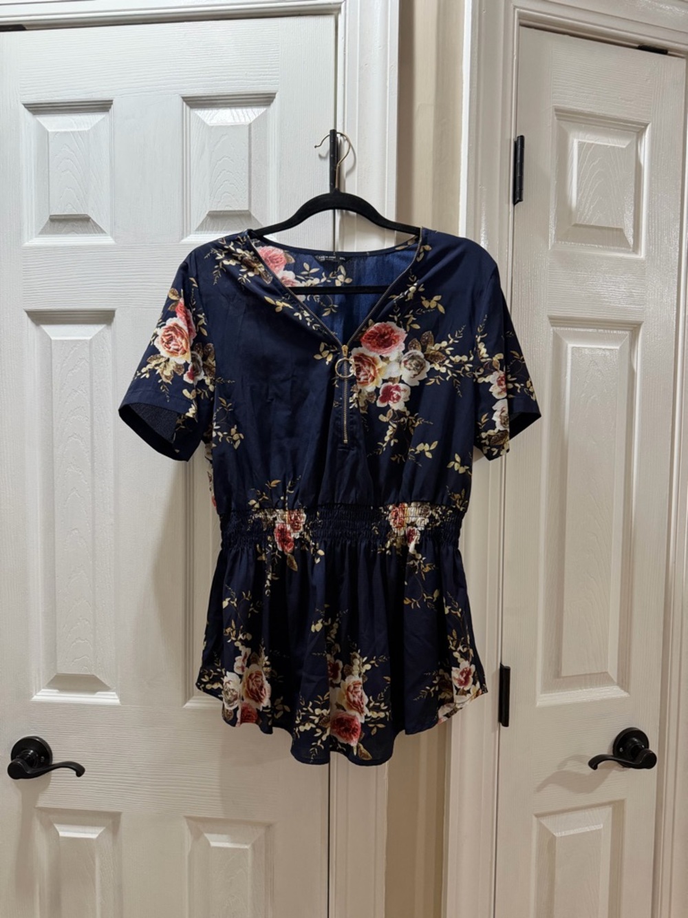 Floral Peplum Short Sleeve Top - Navy